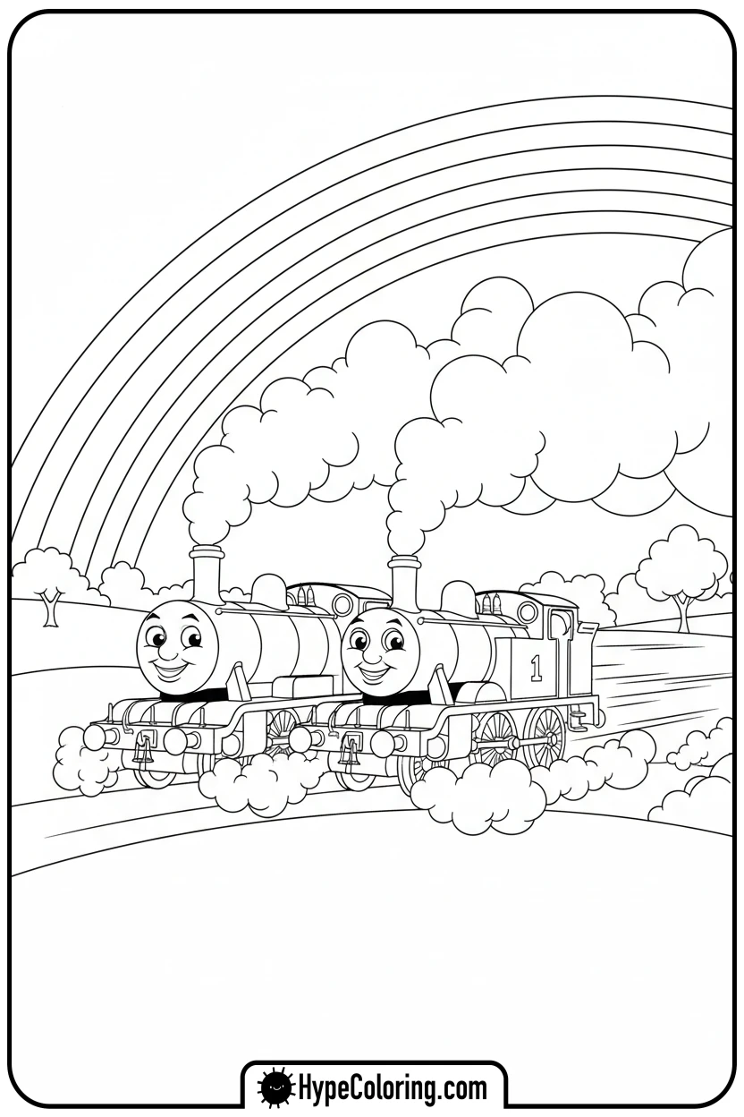 thomas-and-gordon-racing-under-rainbow - thomas and friends coloring pages