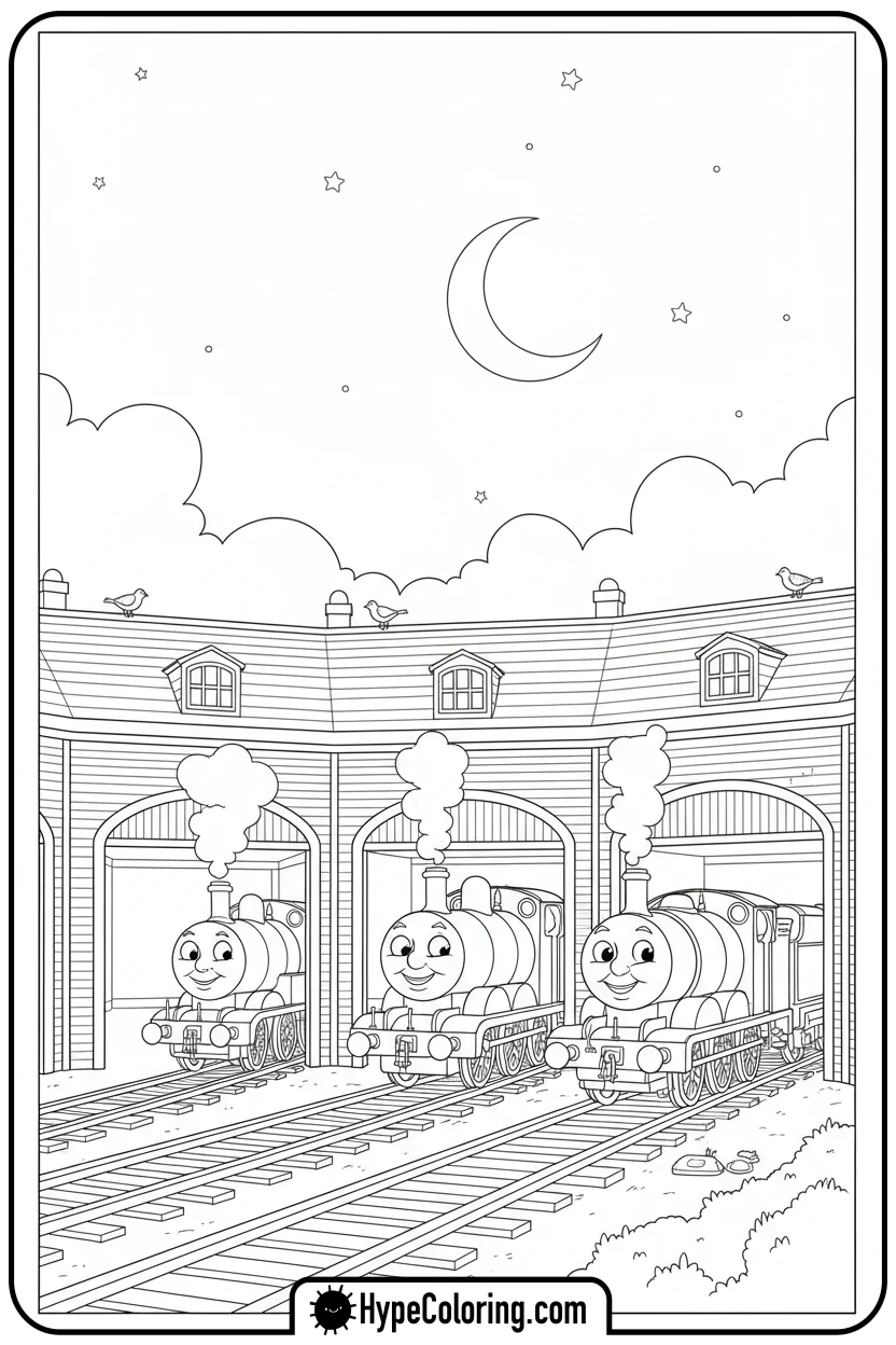 engines-at-tidmouth-sheds-at-night - thomas and friends coloring pages