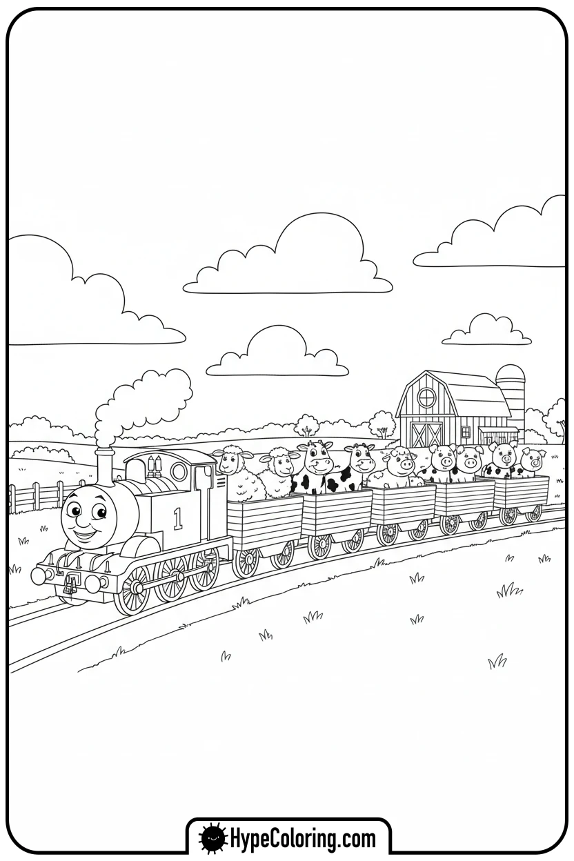thomas-with-farm-animals-train - thomas and friends coloring pages