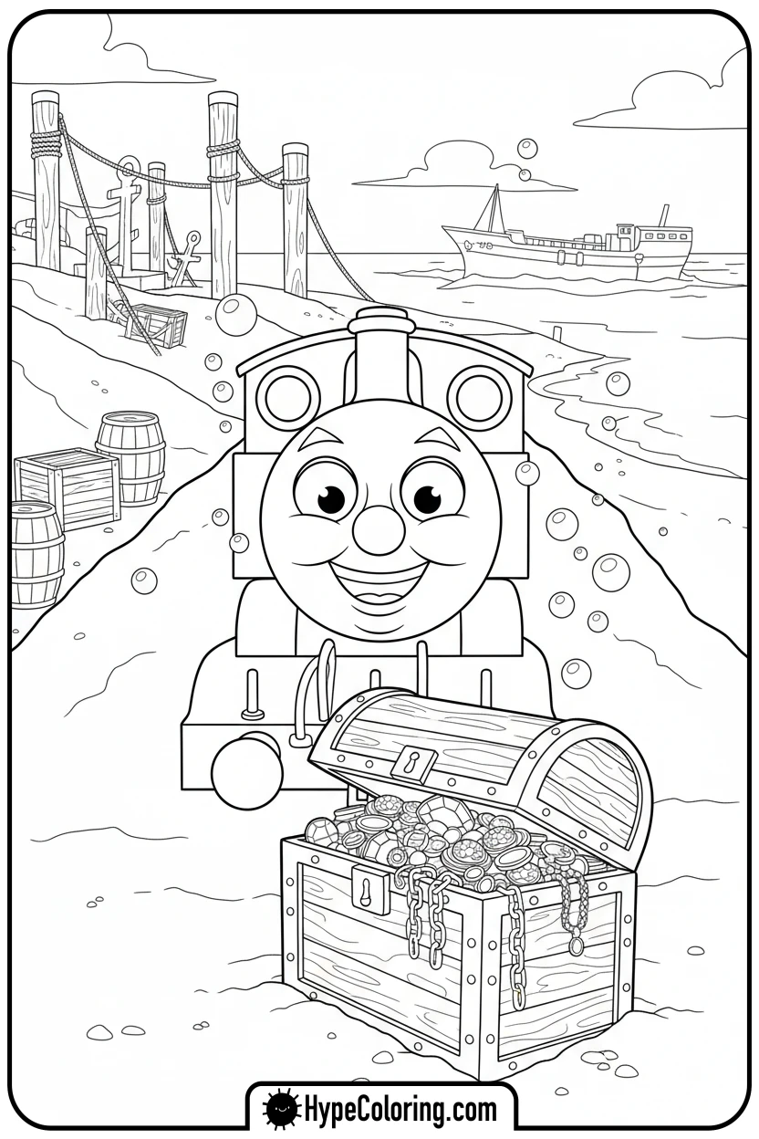 thomas-finding-treasure-chest-at-docks - thomas and friends coloring pages