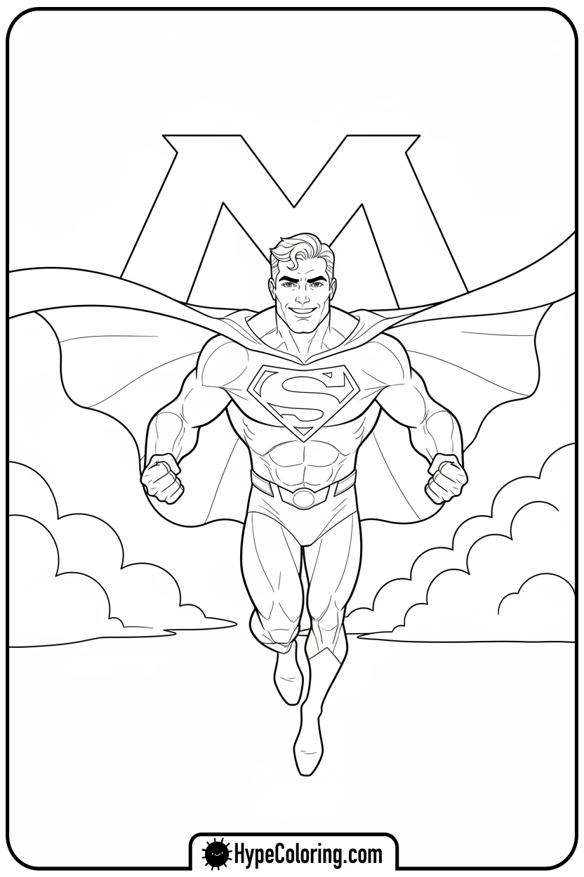 superhero-flying-happily-through-clouds - super hero color page