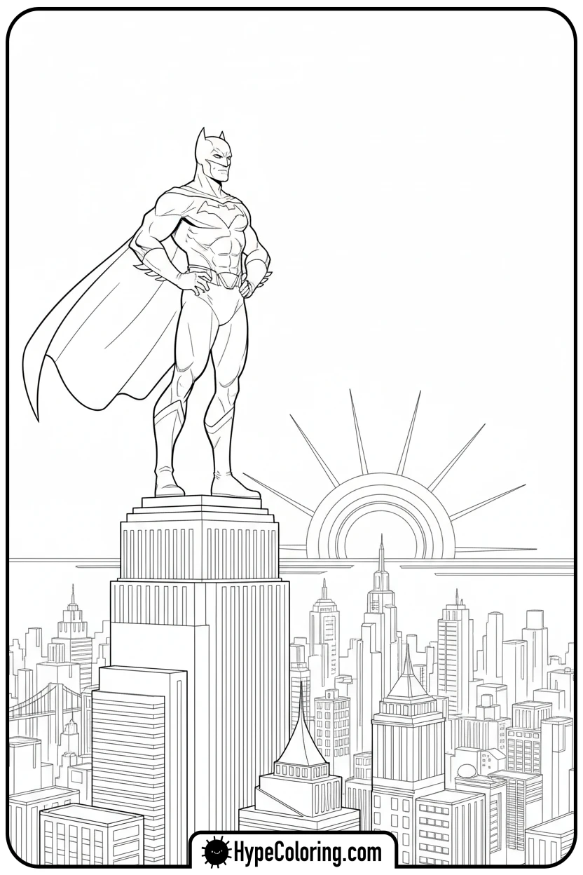 superhero-on-rooftop-watching-sunset - super hero color page