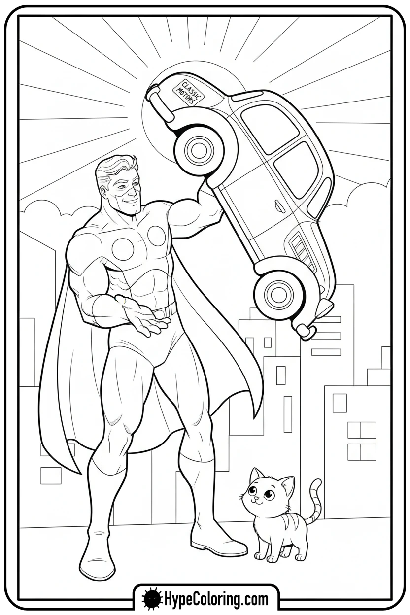 superhero-lifting-car-and-saving-kitten - super hero color page