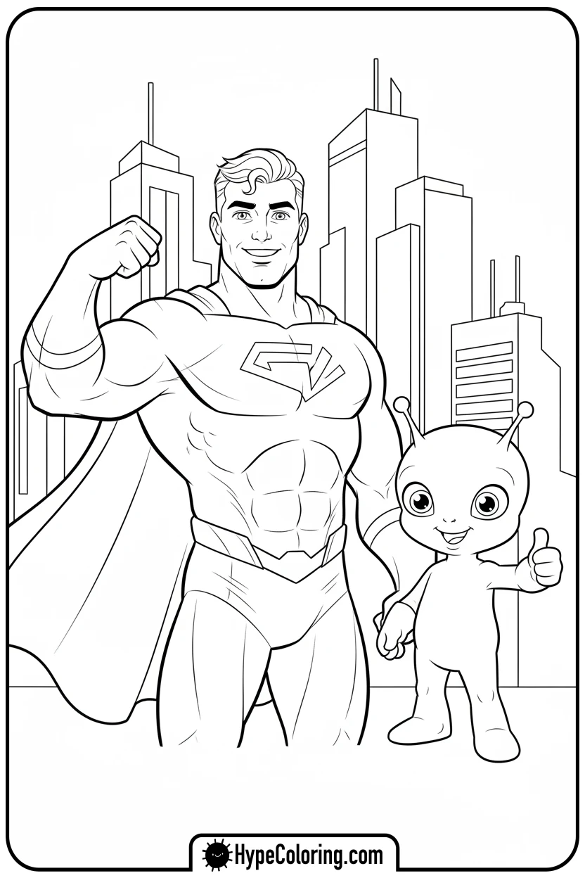 superhero-with-alien-sidekick-thumbs-up - super hero color page
