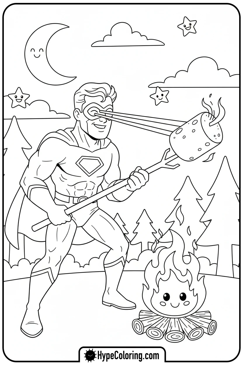 superhero-toasting-marshmallow-with-laser-eyes - super hero color page