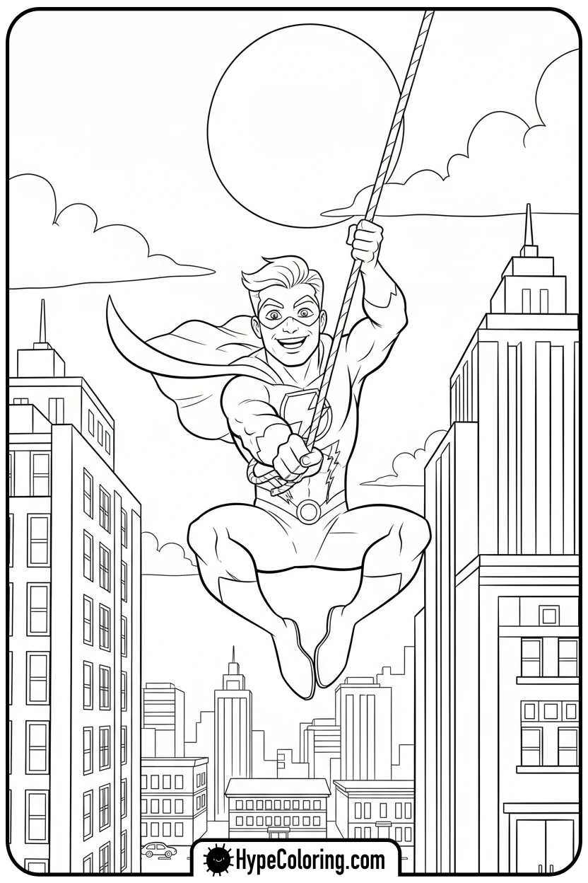 superhero-swinging-through-city - super hero color page