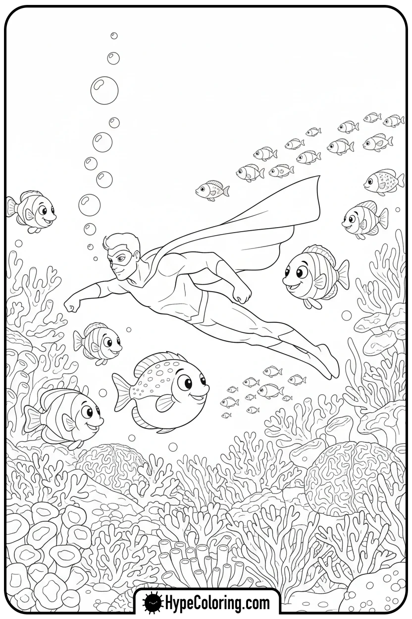 superhero-swimming-underwater-with-fish - super hero color page