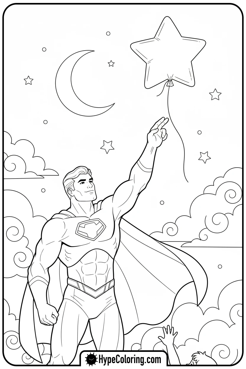 superhero-catching-a-runaway-balloon - super hero color page