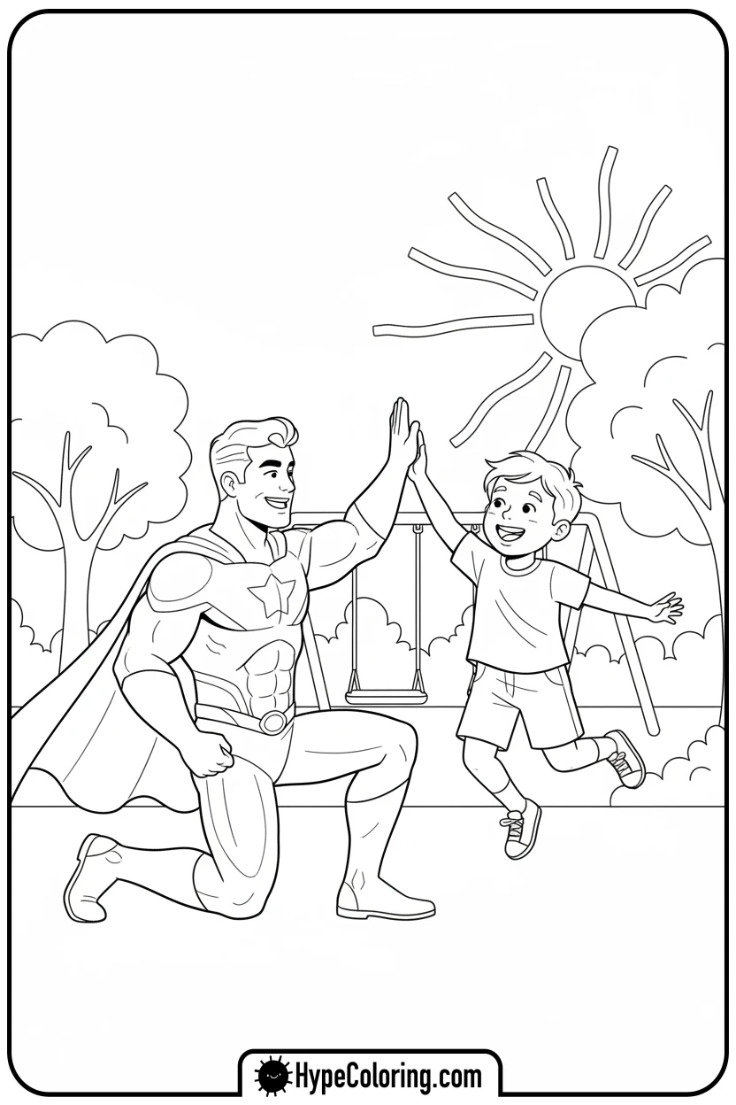 superhero-high-fiving-a-child - super hero color page