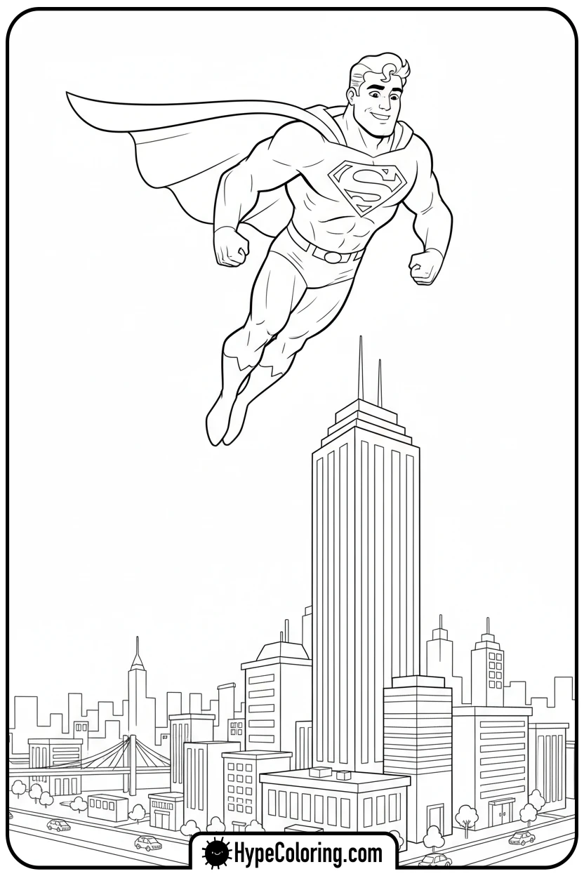 superhero-leaping-over-a-building - super hero color page