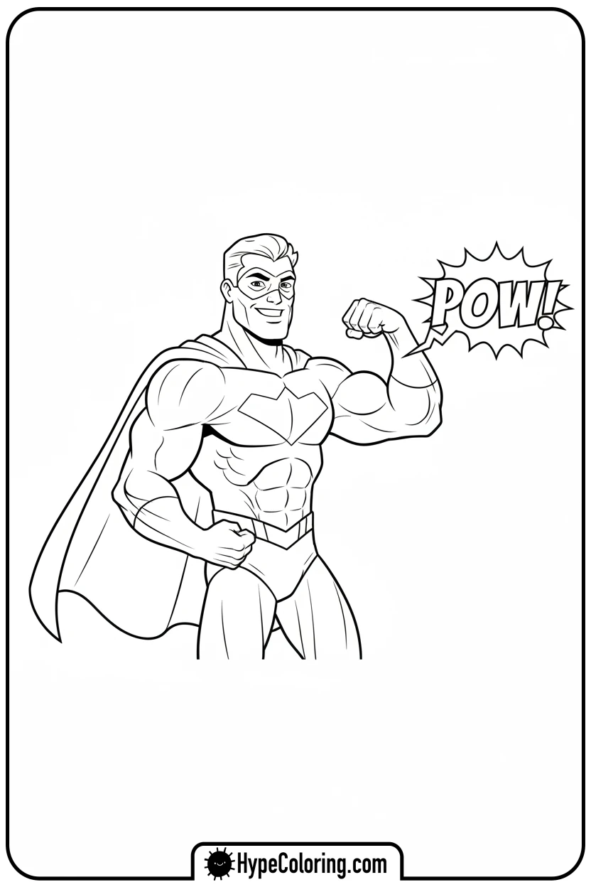 superhero-flexing-muscles-with-pow - super hero color page