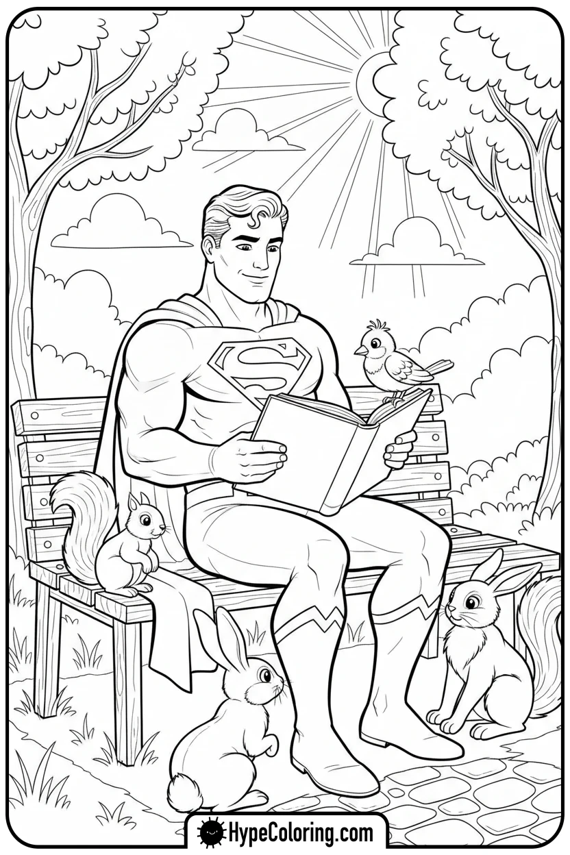 superhero-reading-a-book-to-animals - super hero color page