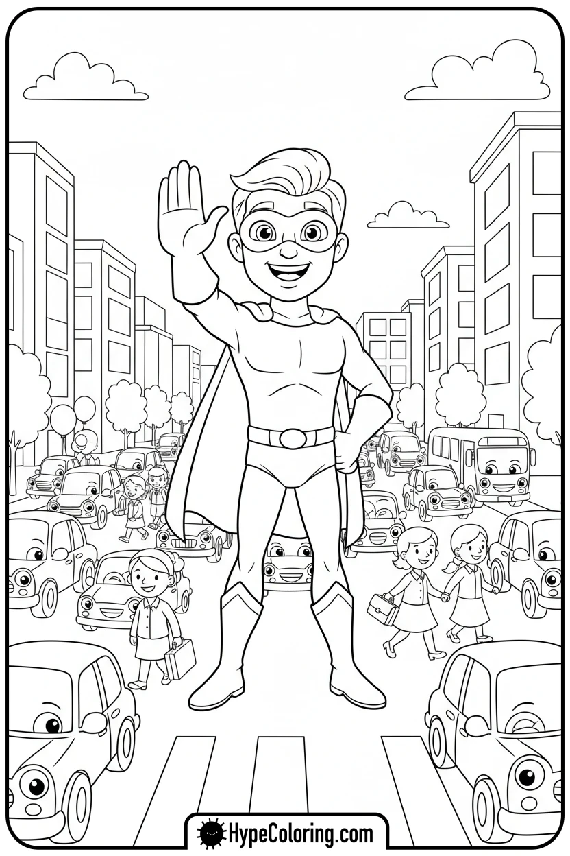 superhero-directing-city-traffic - super hero color page