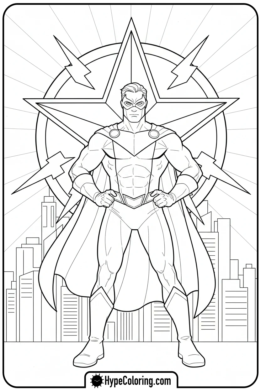 superhero-in-front-of-a-giant-emblem - super hero color page