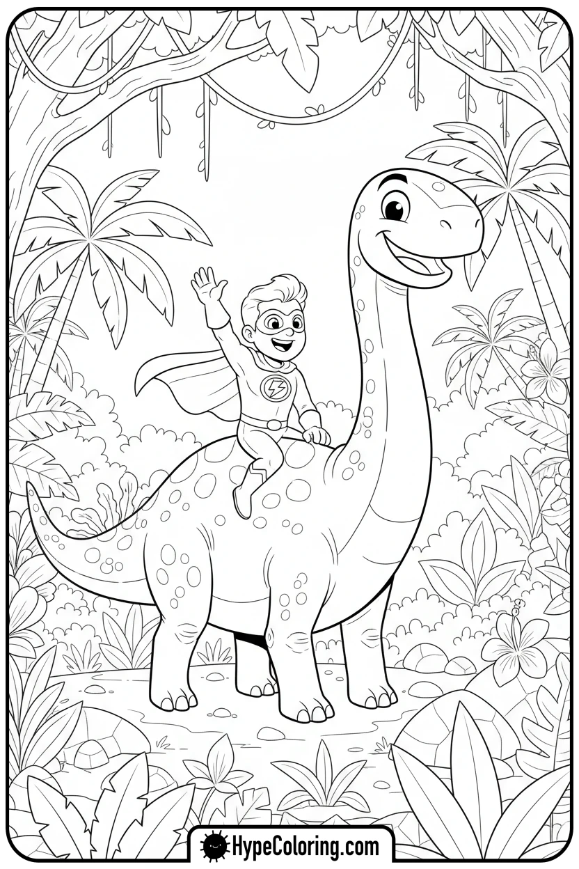 superhero-riding-a-friendly-dinosaur - super hero color page