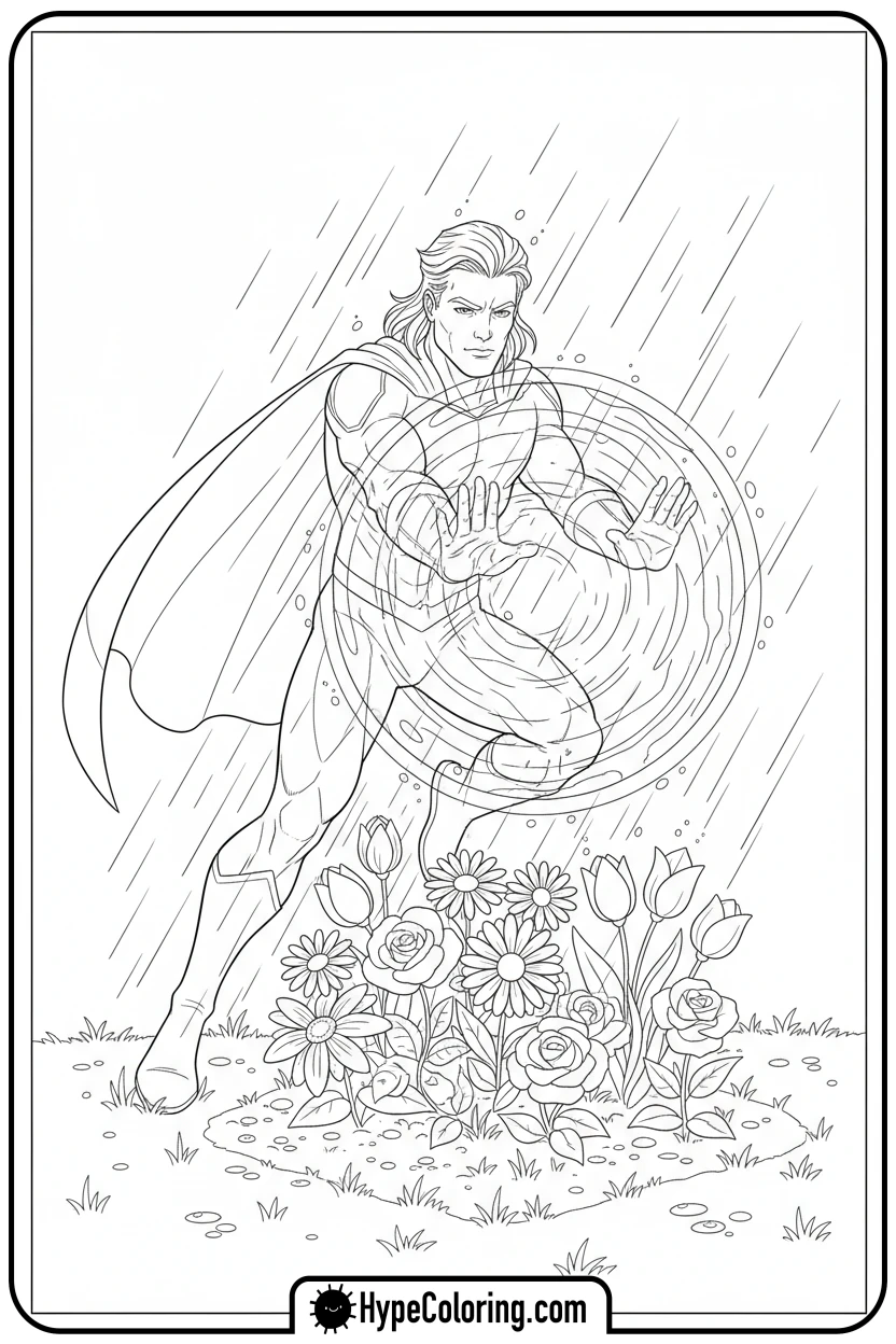 superhero-protecting-flowers-with-shield - super hero color page