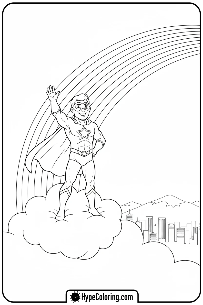 superhero-waving-from-cloud-with-rainbow - super hero color page