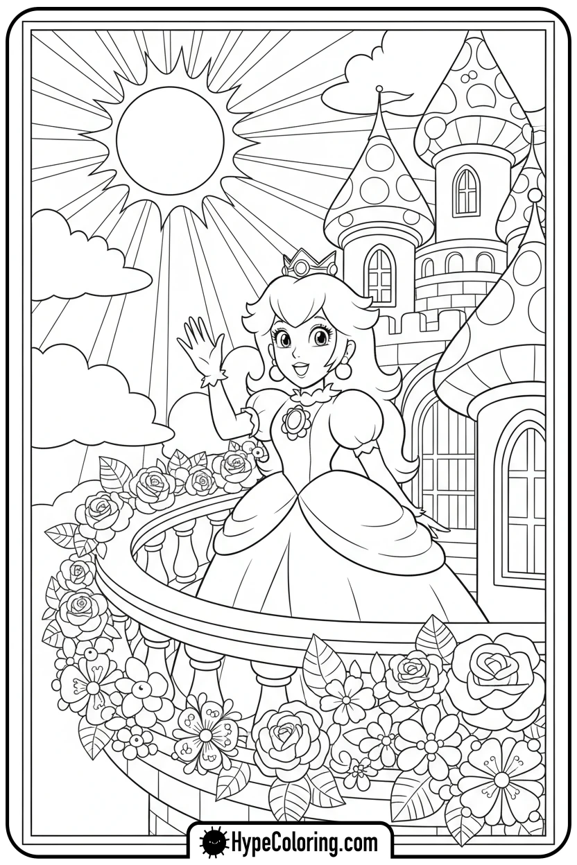 peach-waving-from-castle - coloring pages of super mario bros