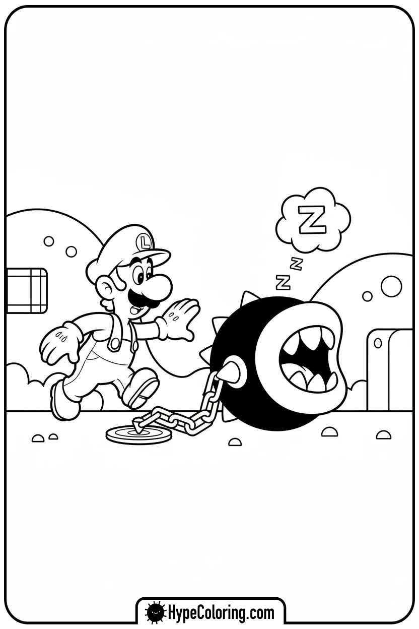 luigi-tiptoeing-past-chain-chomp - coloring pages of super mario bros