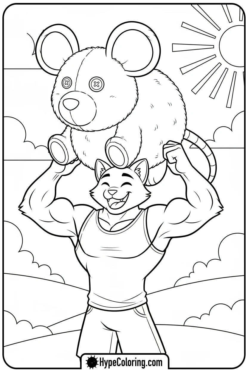 Click to download PDF buddy-flexing-with-toy - free printable super kitties coloring pages