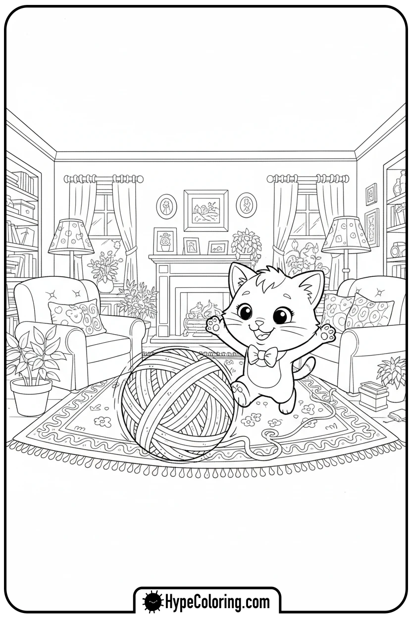 Click to download PDF bitsy-chasing-yarn-ball - free printable super kitties coloring pages