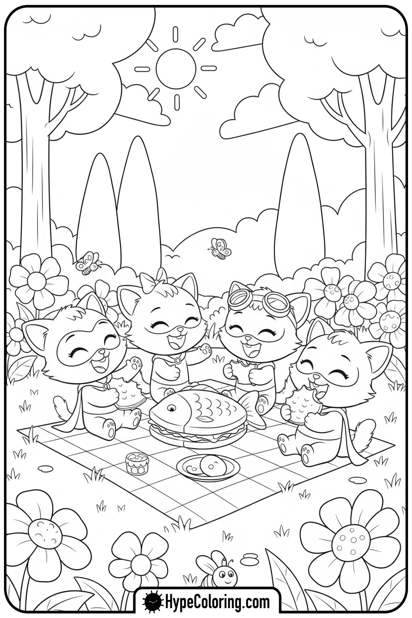Click to download PDF super-kitties-picnic-in-park - free printable super kitties coloring pages