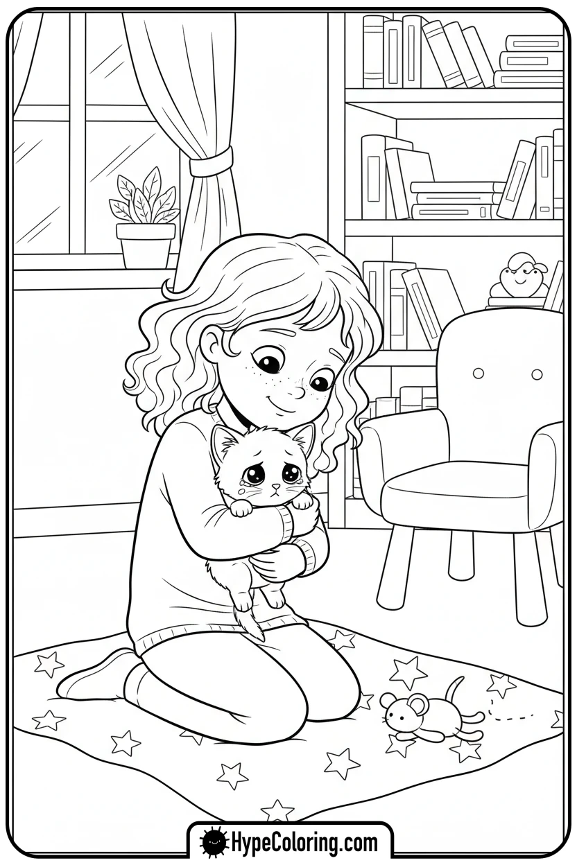 Click to download PDF ginny-comforting-sad-kitten - free printable super kitties coloring pages