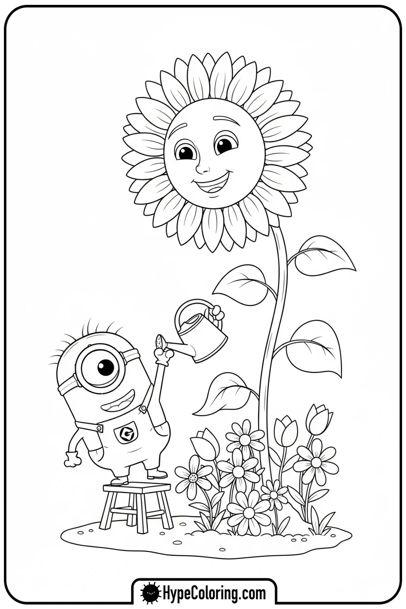 minion-watering-sunflower - minion coloring pages