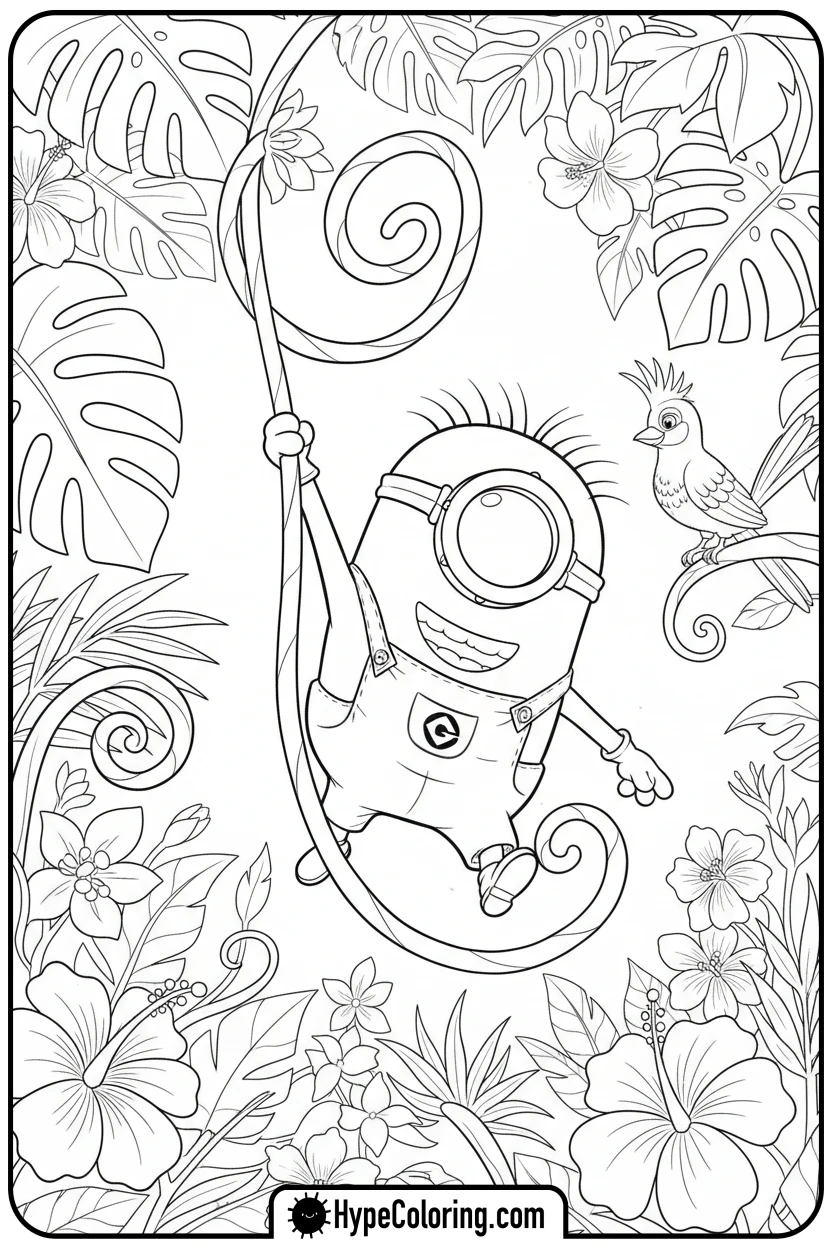 minion-swinging-on-vine - minion coloring pages