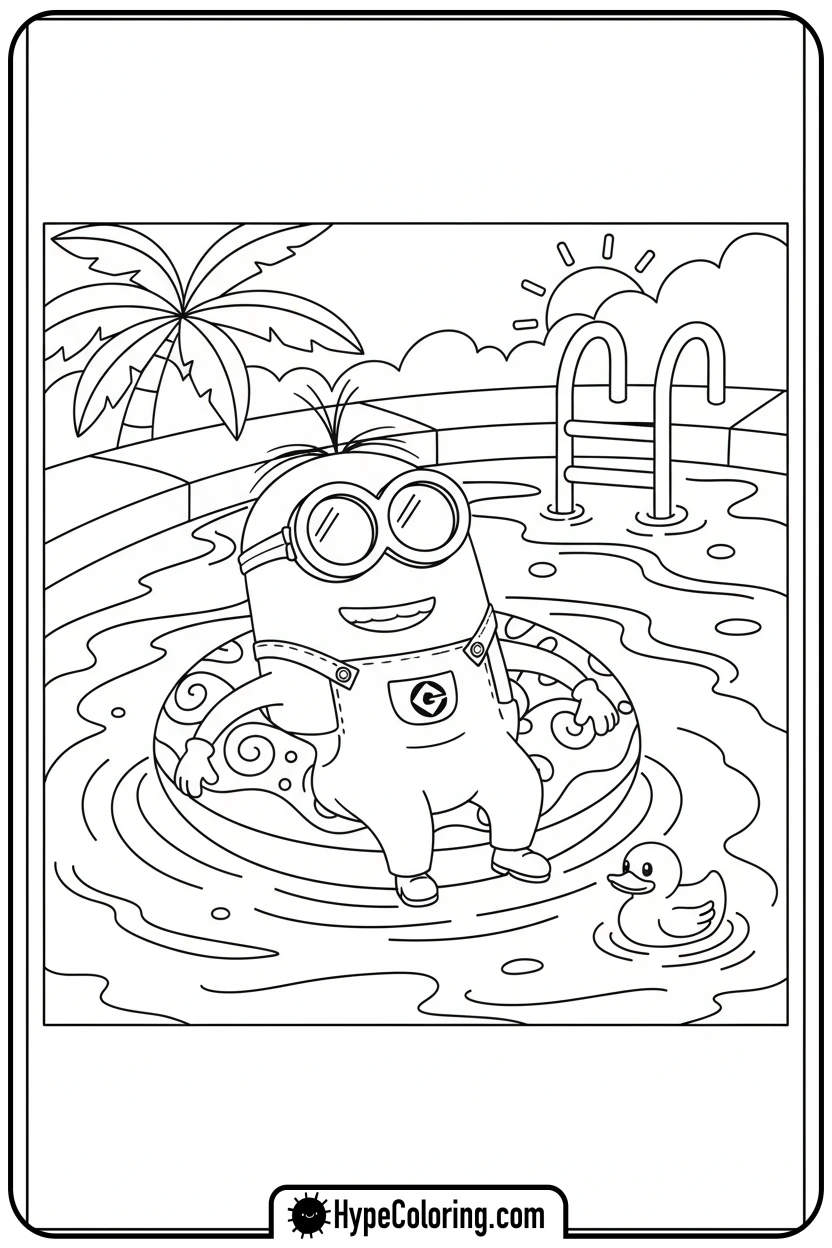 minion-floating-in-pool - minion coloring pages