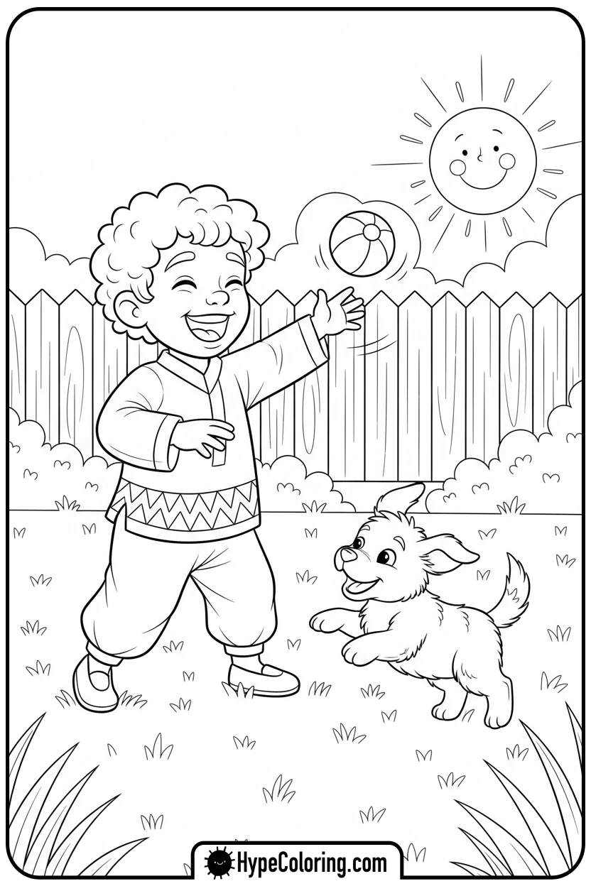 Click to download PDF saja-boy-playing-with-puppy - saja boys coloring pages