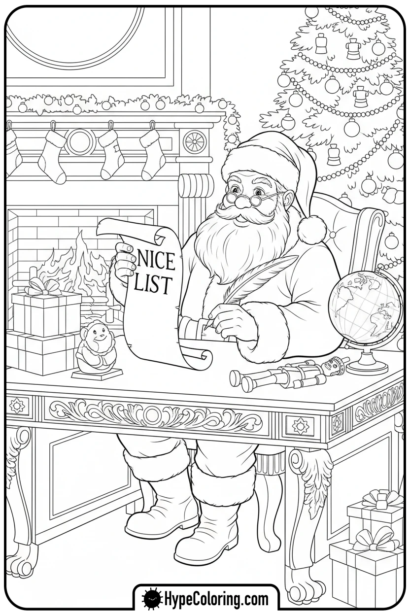 Click to download PDF santa-checking-nice-list - santa claus coloring pages
