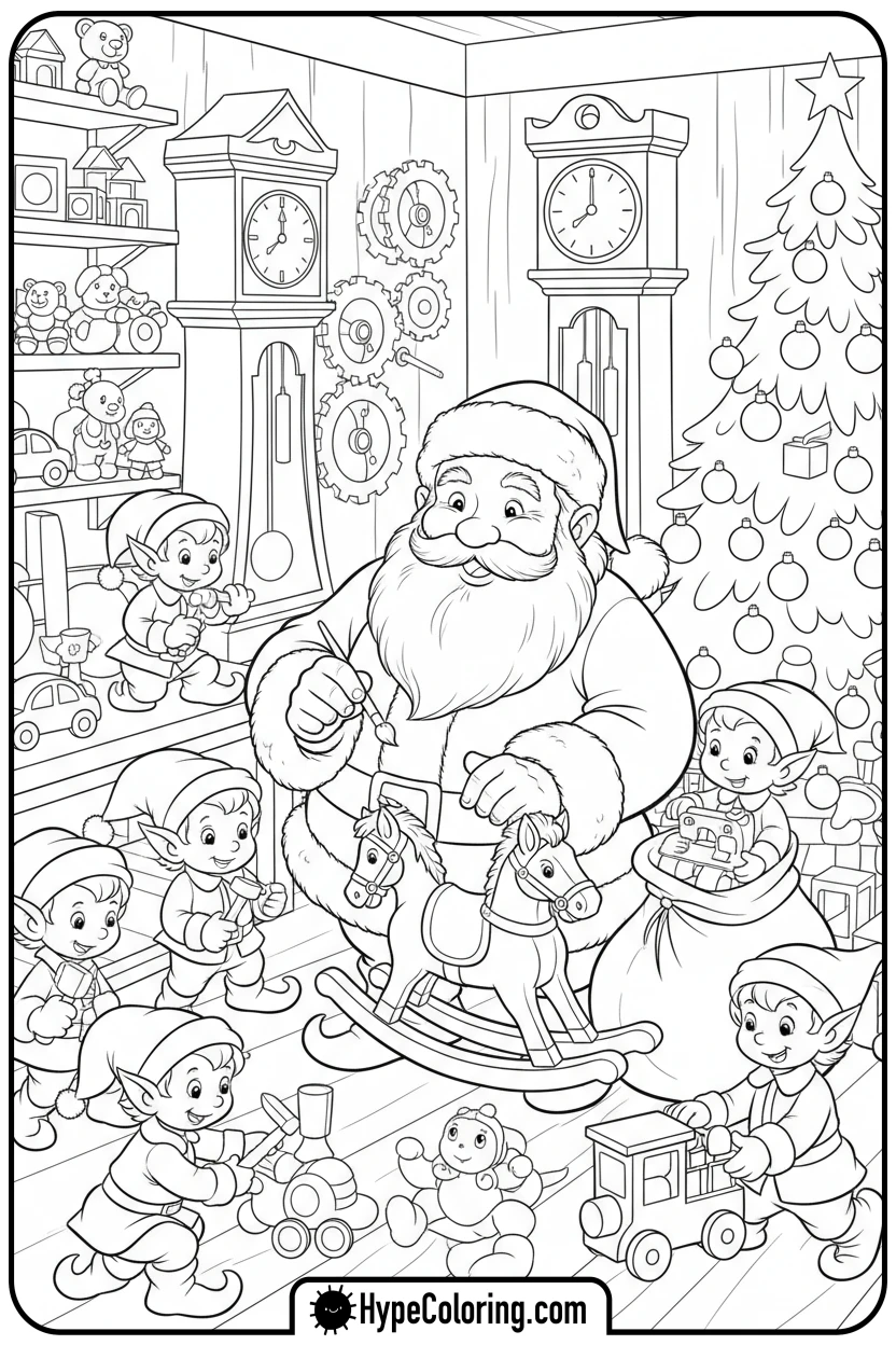 Click to download PDF santa-in-workshop-with-elves - santa claus coloring pages