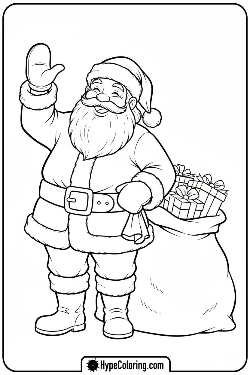 Click to download PDF santa-waving-with-presents - santa claus coloring pages
