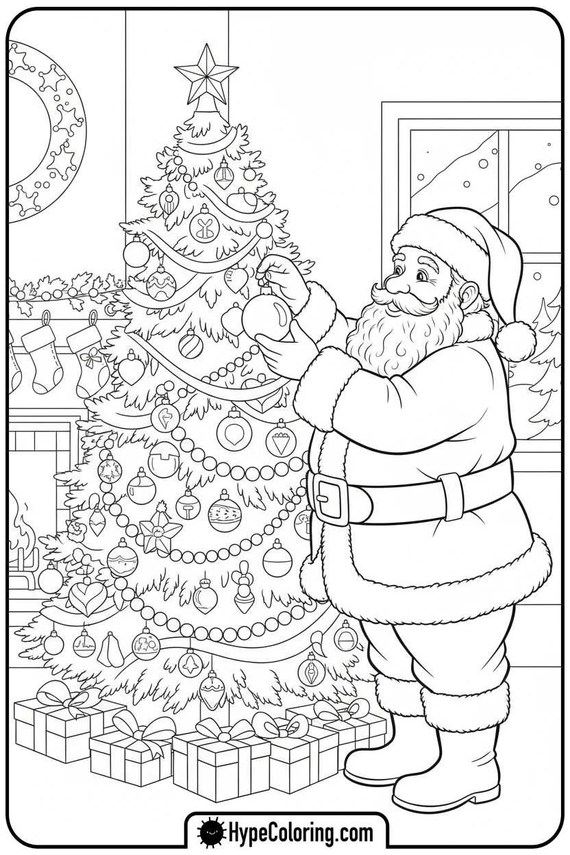 Click to download PDF santa-decorating-christmas-tree - santa claus coloring pages