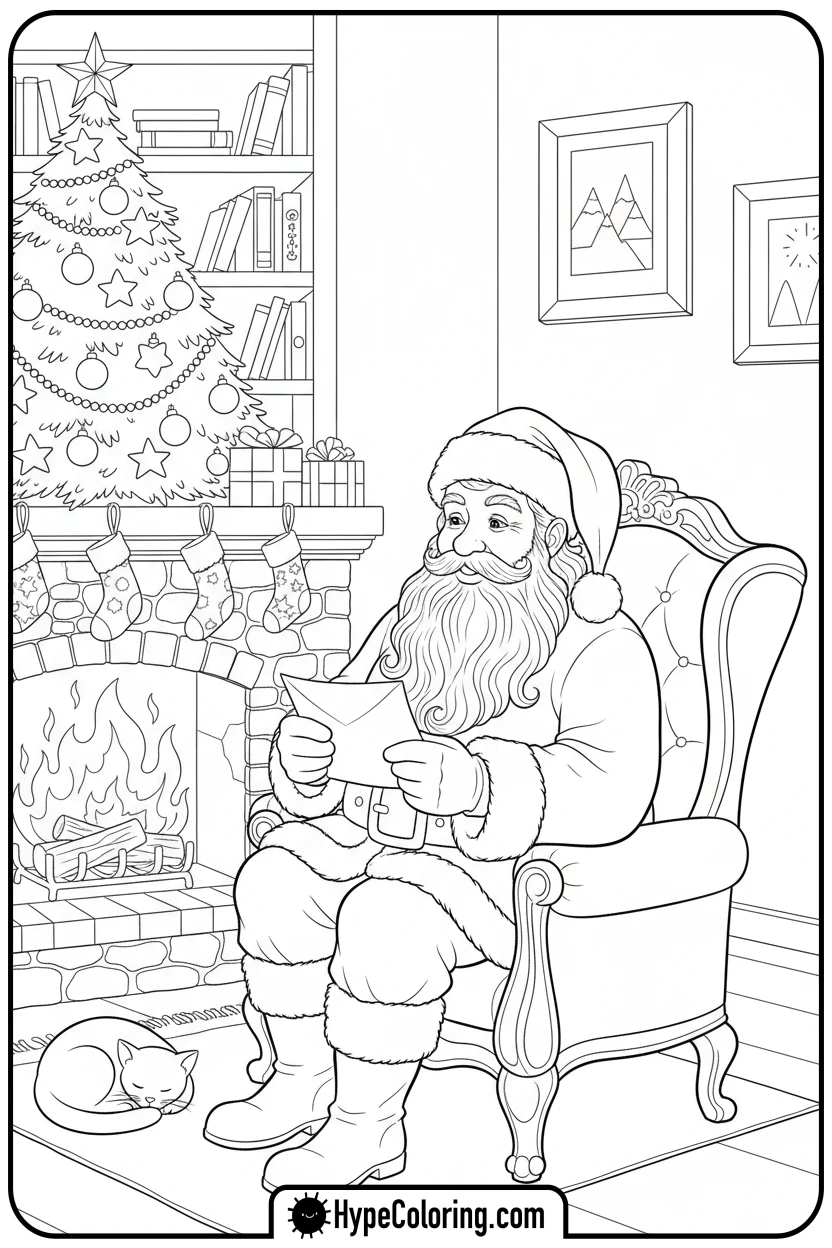 Click to download PDF santa-reading-a-letter - santa claus coloring pages