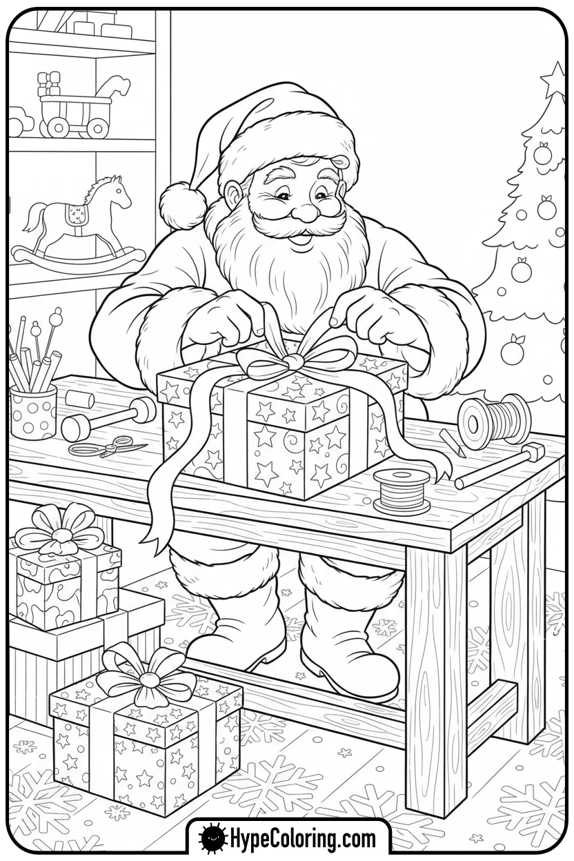Click to download PDF santa-tying-bow-on-gift - santa claus coloring pages