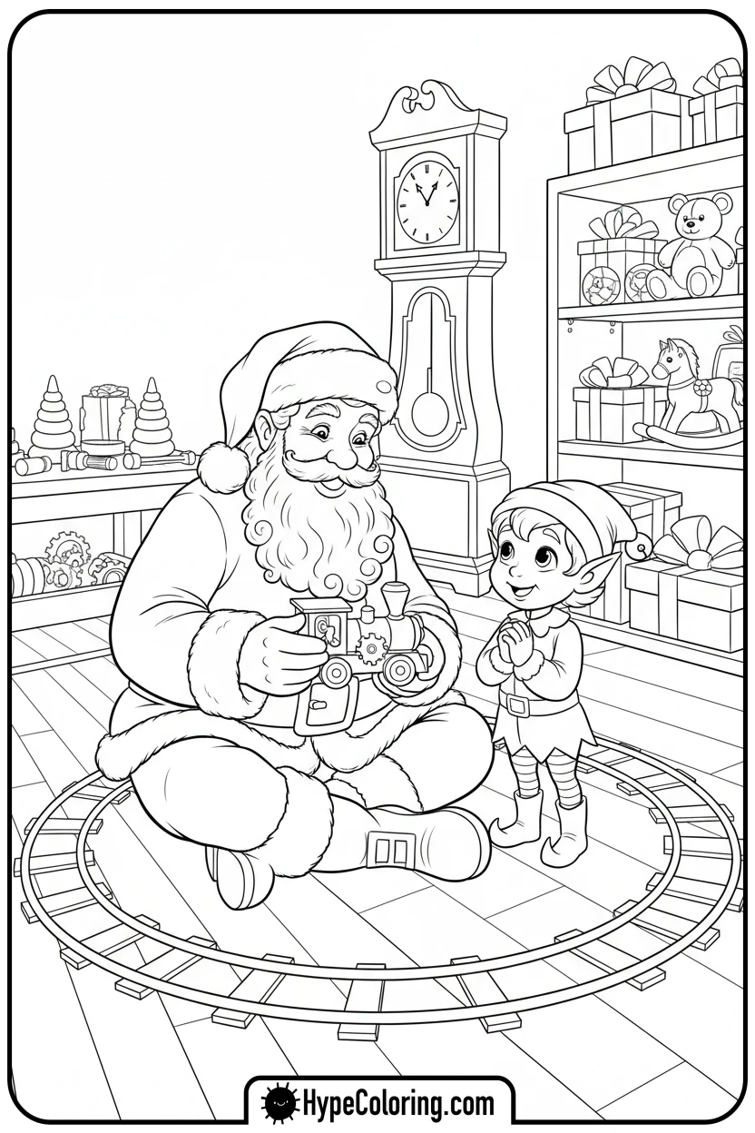 Click to download PDF santa-playing-with-toy-train - santa claus coloring pages