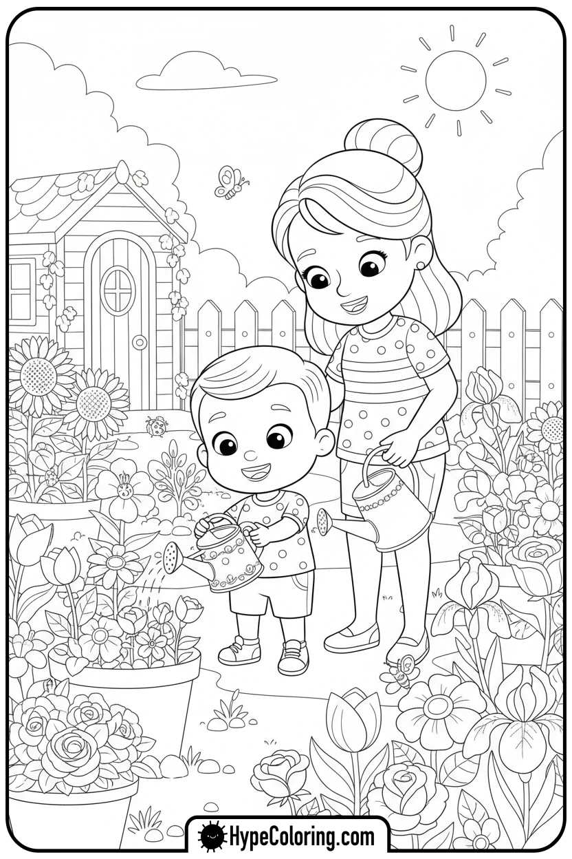 jj-helping-water-plants - cocomelon coloring pages