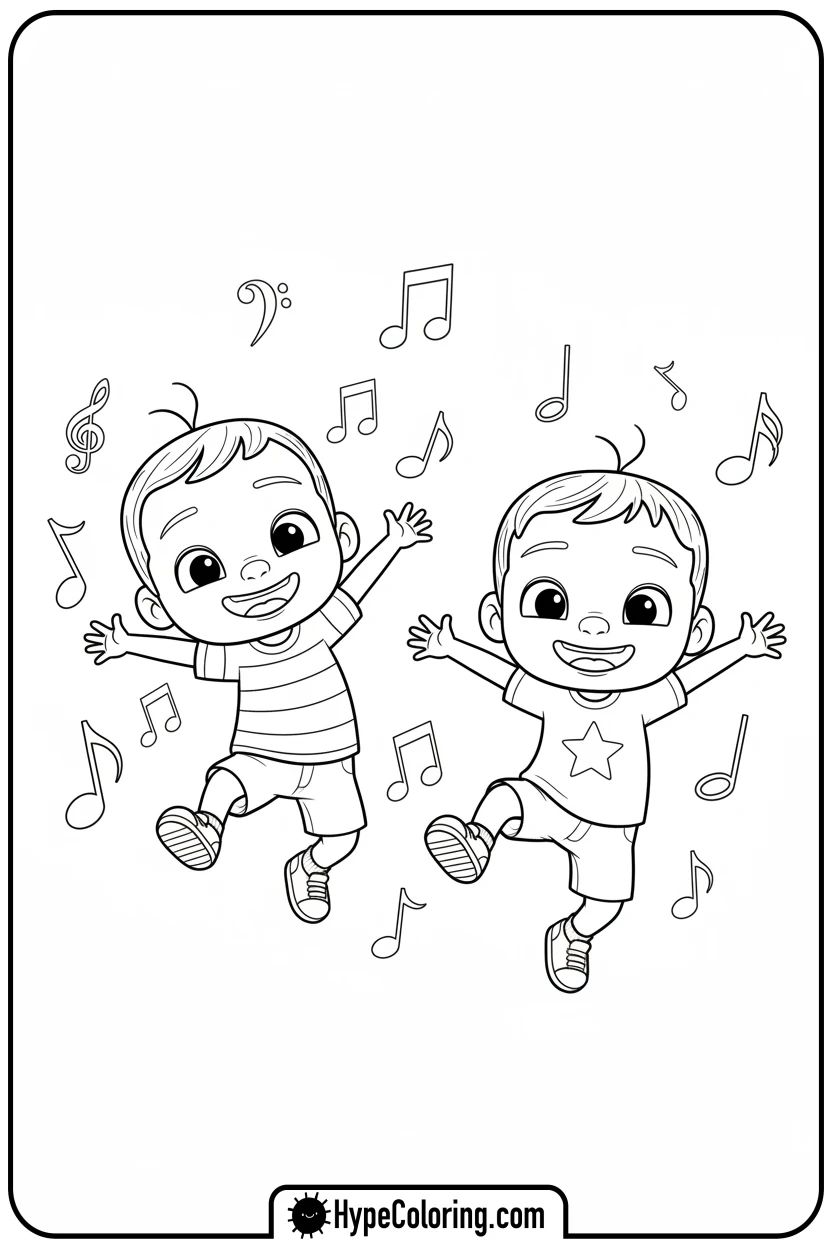 jj-and-tomtom-dancing - cocomelon coloring pages