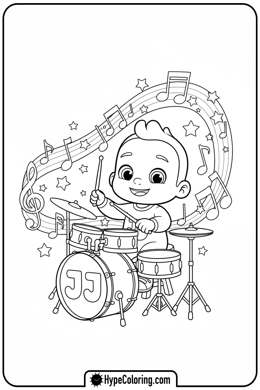 jj-playing-toy-drums - cocomelon coloring pages