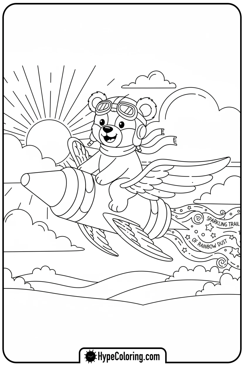 bear-flying-on-crayon - coloring bear pages