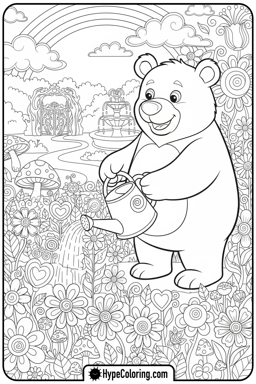 bear-watering-rainbow-garden - coloring bear pages
