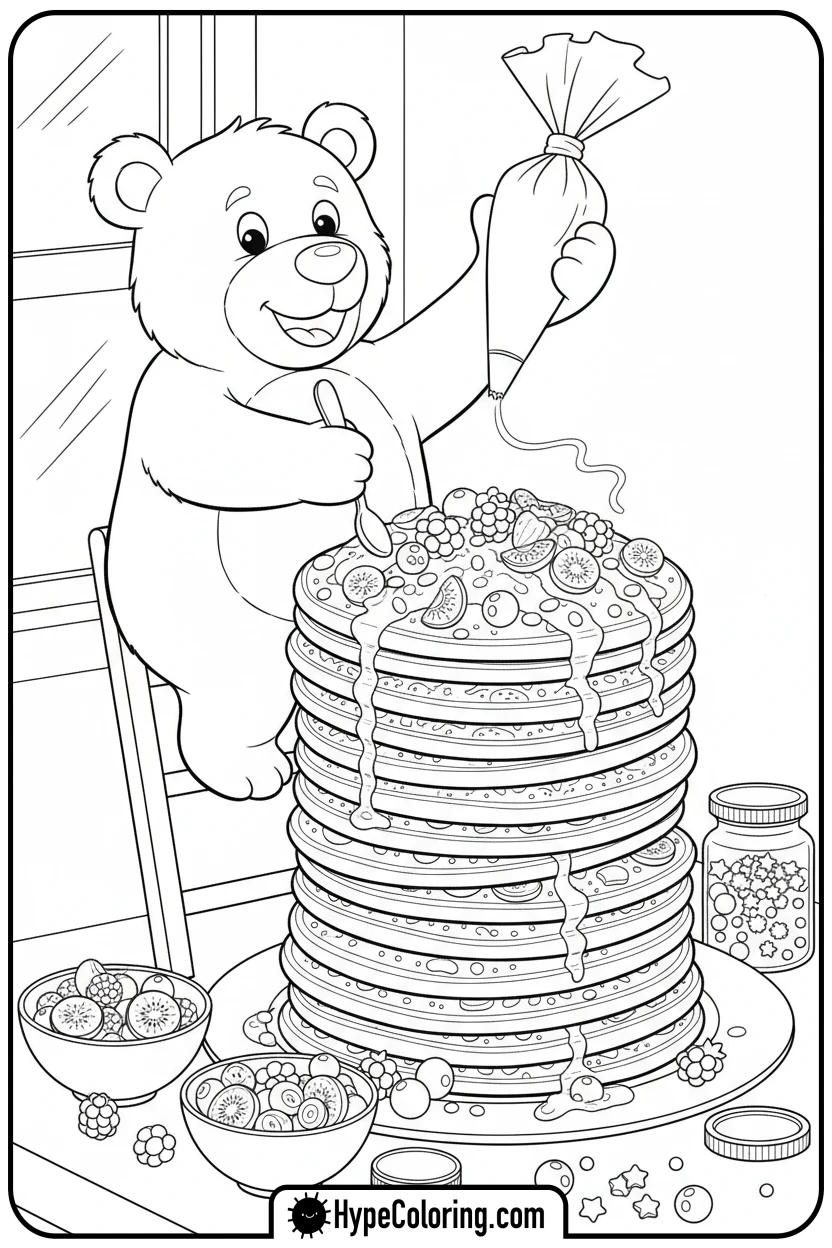bear-decorating-colorful-pancakes - coloring bear pages
