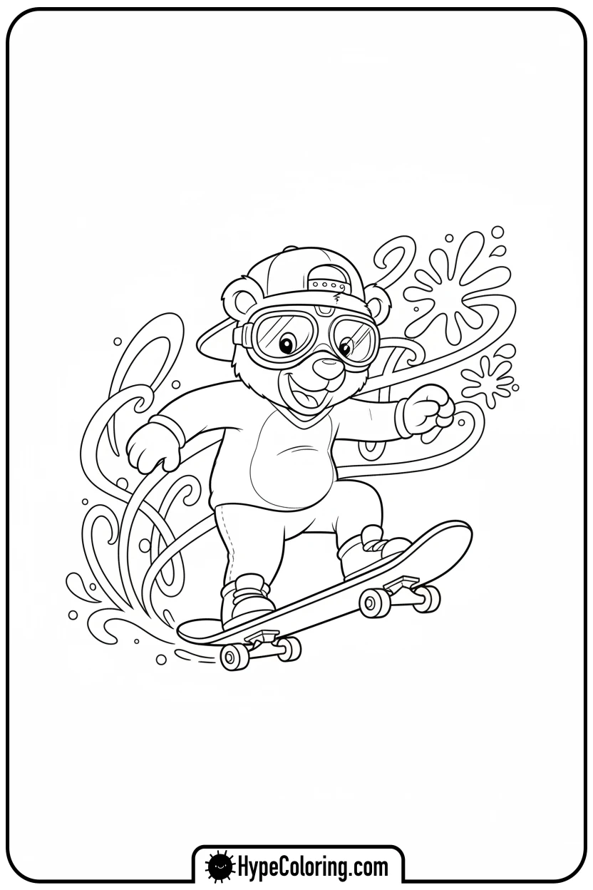 bear-skateboarding-with-paint - coloring bear pages