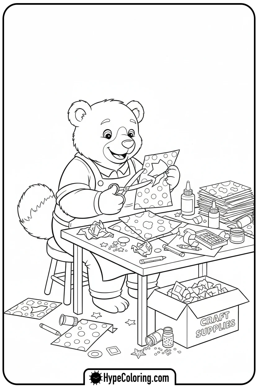 bear-doing-paper-crafts - coloring bear pages