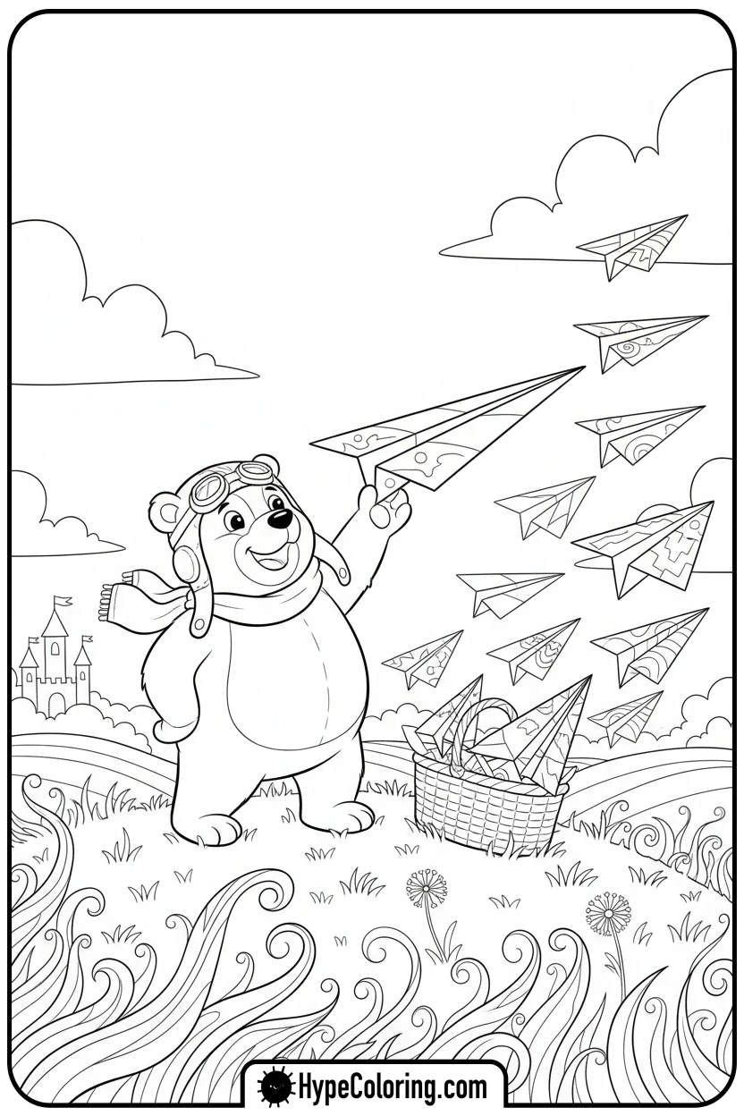 bear-launching-paper-airplanes - coloring bear pages