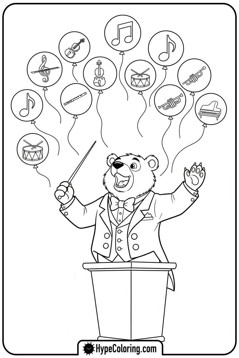 bear-conducting-colorful-music - coloring bear pages