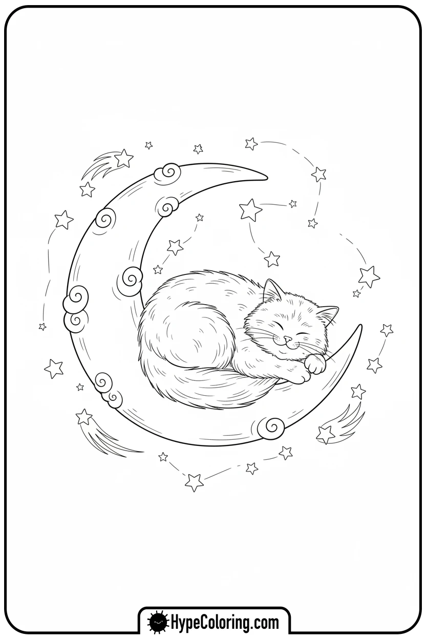 cat-sleeping-on-moon - cute cat coloring pages