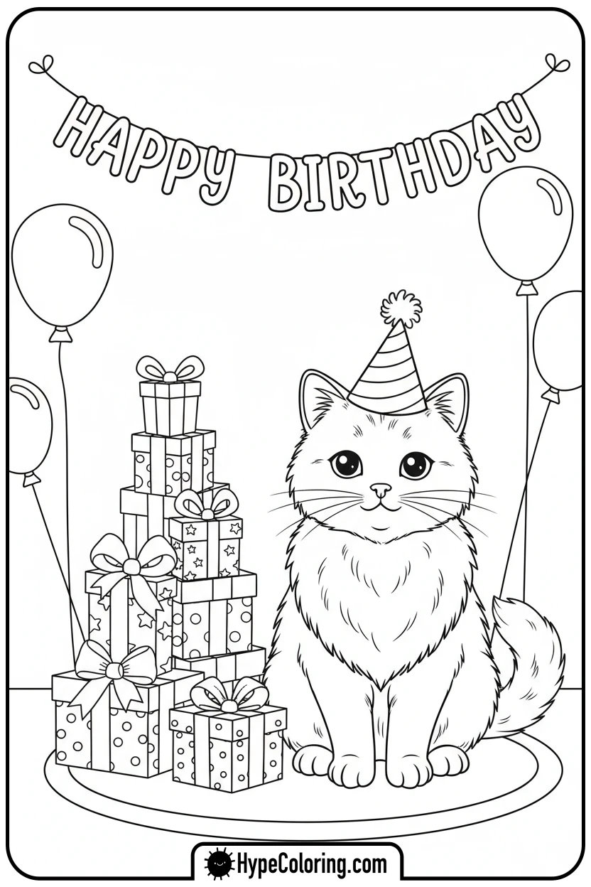 cat-with-birthday-presents - cute cat coloring pages